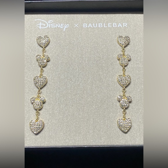 Disney X Baublebar Colab Golden Rhinestone Pave Heart & Micky Dangle Earrings - Picture 4 of 4